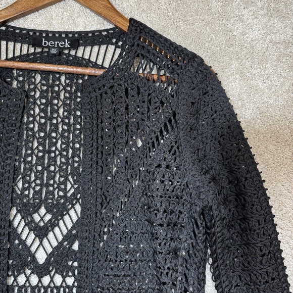Berek Black Crochet Cardigan Petite Small Open Knit Fringe Free Boho Jacket - Picture 5 of 12